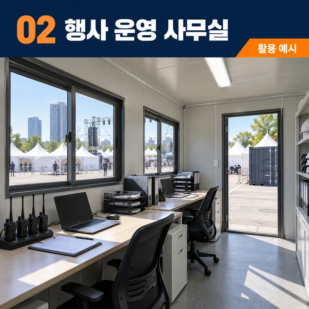 2단계 행사 운영 사무실: 운영 인력이 일할 공간을 만듭니다. — 행사용 컨테이너 활용 예시