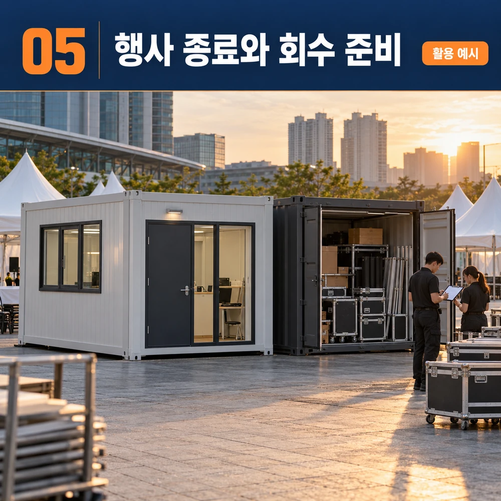5단계 행사 종료와 회수 준비: 마지막 반출까지 일정에 포함합니다. — 행사용 컨테이너 활용 예시