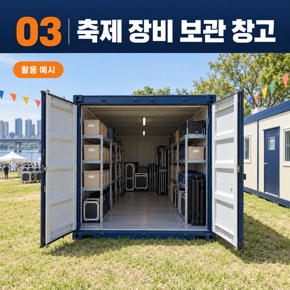 3단계 축제 장비 보관 창고: 장비와 소모품에 맞게 보관합니다. — 축제용 컨테이너 활용 예시